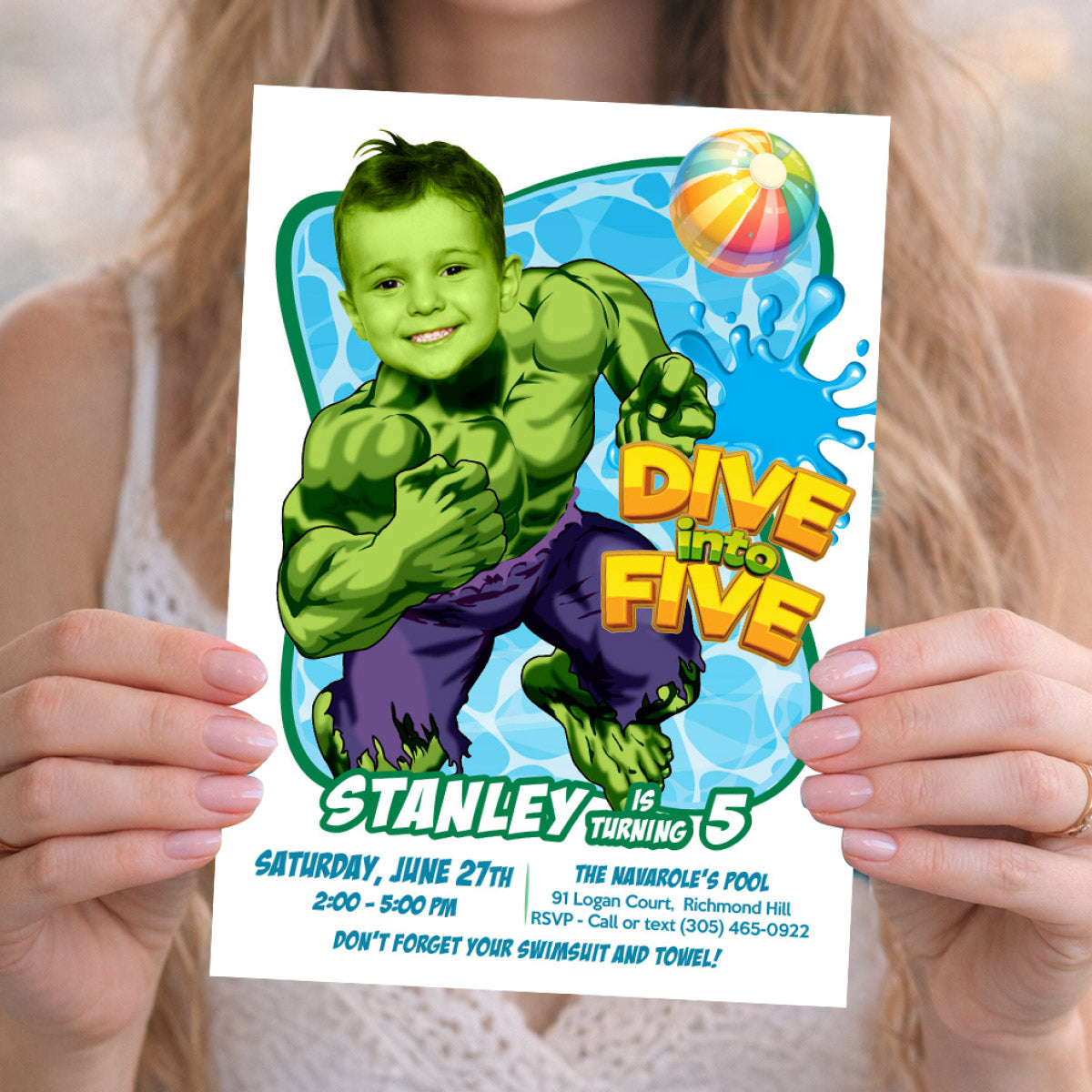 Personalized Hulk Dive into age Pool Party Birthday Invitation with photo. 2293IN4