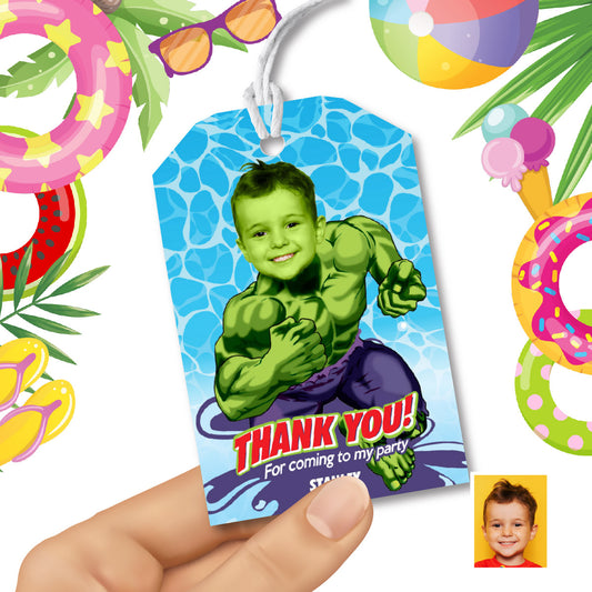 Hulk Pool Party Thank You and Favor Tags with birthday kid as the star. 2293TY2