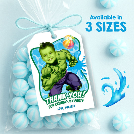 Hulk Splash Party Thank You Favor Tags with birthday child as the star. 2293TY4
