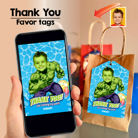 Custom Hulk Pool Party Thank You Favor Tags with birthday boy as the star. 2293TY