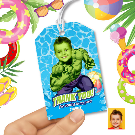 Custom Hulk Pool Party Thank You Favor Tags with birthday boy as the star. 2293TY