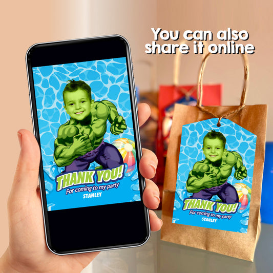 Custom Hulk Pool Party Thank You Favor Tags with birthday boy as the star. 2293TY