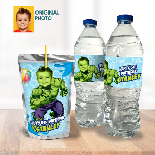Custom Hulk Pool Party Water Bottle and Capri Sun Juices wrappers with photo. 2293WJ