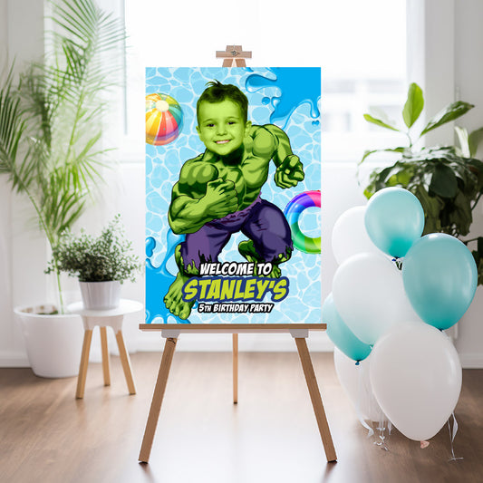 Custom Hulk Pool Party Welcome Sign With Photo, Hulk Splash party Entrance. 2293WS