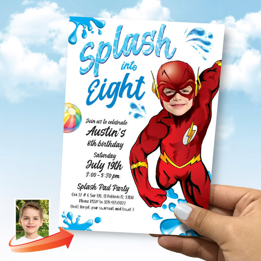 Flash Splash Party Invitation with your photo, Flash Splash template, Justice League Splash pad party. 2295
