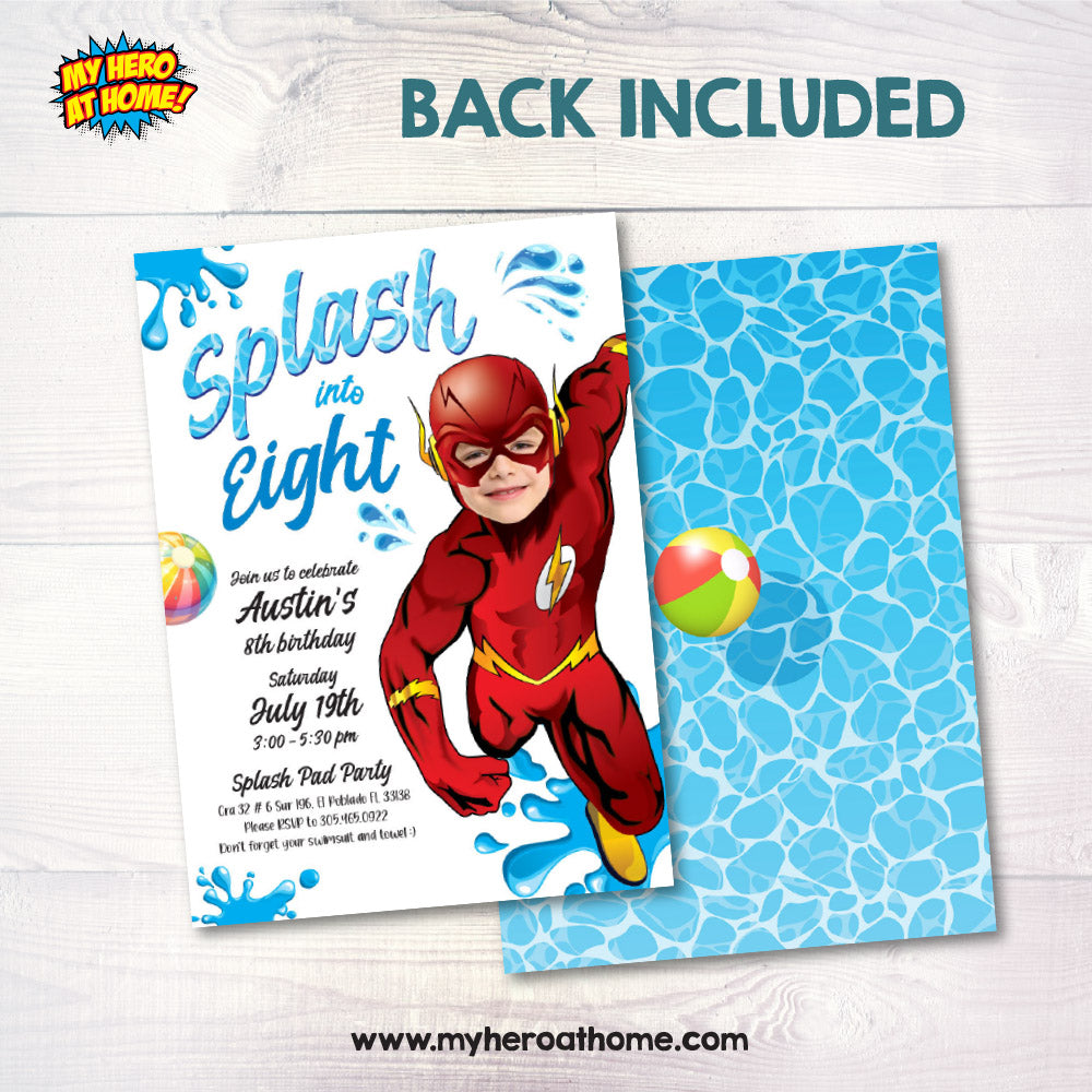 Flash Splash Party Invitation with your photo, Flash Splash template, Justice League Splash pad party. 2295