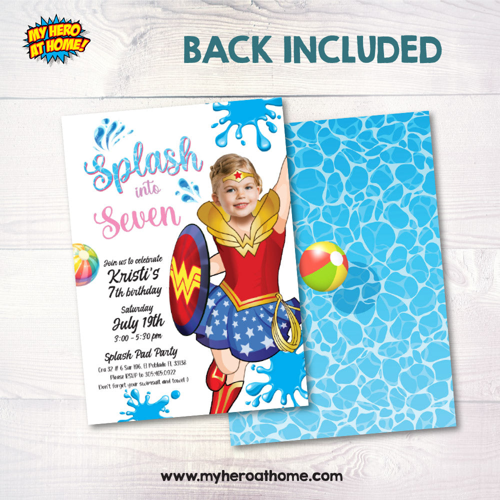 Wonder Girl Splash birthday Party Invitation with girl as Wonder Woman, Wonder Girl pool party template. 2300