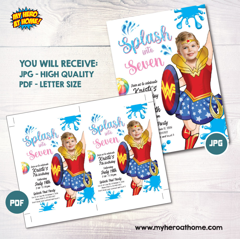 Wonder Girl Splash birthday Party Invitation with girl as Wonder Woman, Wonder Girl pool party template. 2300