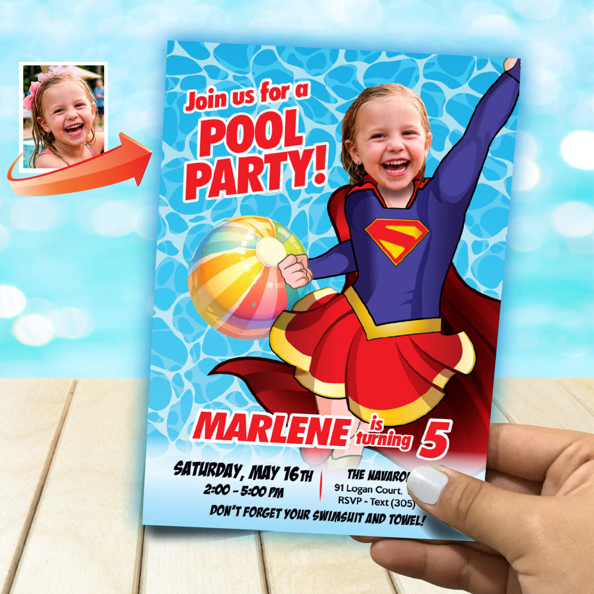 Supergirl Pool Party Birthday Invitation with photo, Supergirl Summer Party. 2301BIN