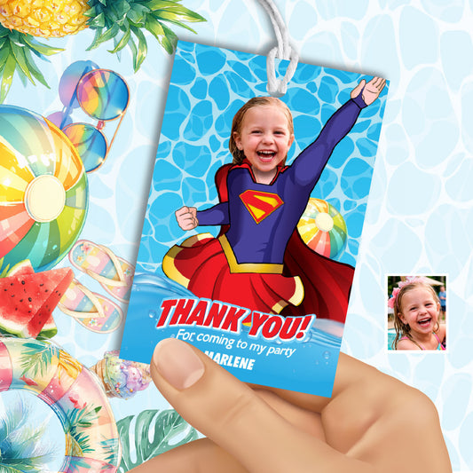 Supergirl Pool Party Favor tags and Thank you with birthday girl as the star. 2301BTY
