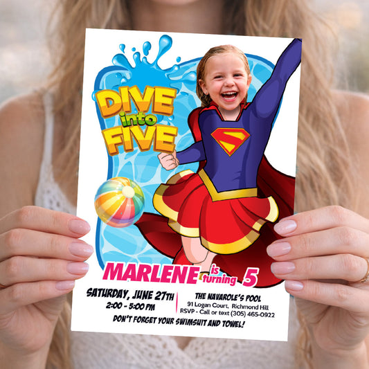 Supergirl Dive into Age Party Birthday Invitation with photo, Supergirl Water Party. 2301CIN