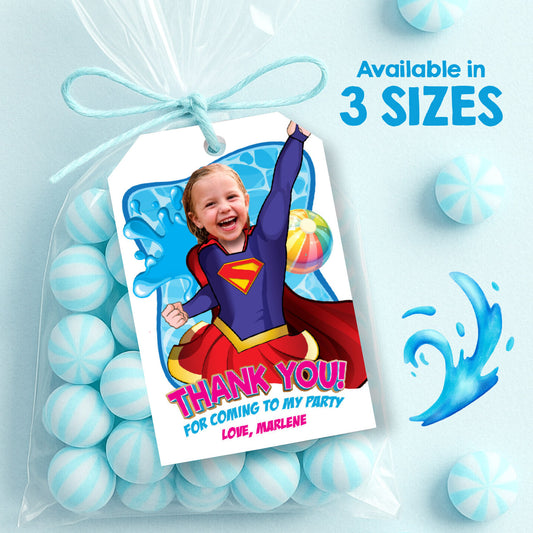 Personalized Pool Party Supergirl Favor tags and Thank you with girl as the star. 2301CTY