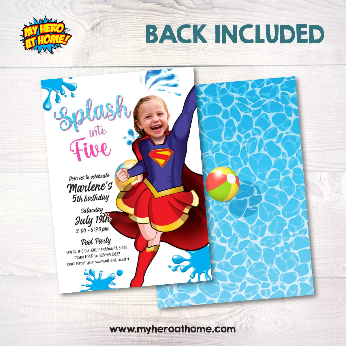 Supergirl Splash Party Birthday Invitation with photo, Supergirl Pool Party. 2301IN