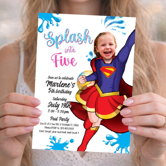 Supergirl Splash Party Birthday Invitation with photo, Supergirl Pool Party. 2301IN