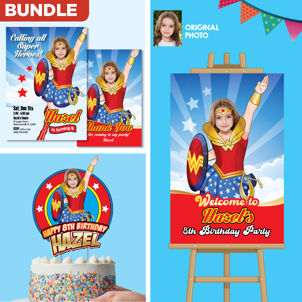 Bundle Wonder Girl Birthday matching Invitation and Thank you, printable Cake Topper and Welcome Sign. 2303B2