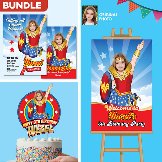 Bundle Wonder Girl Birthday matching Invitation and Thank you, printable Cake Topper and Welcome Sign. 2303B2
