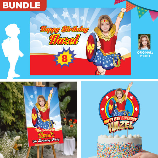 Bundle Wonder Girl Party decoration with girl as Wonder Woman, Banner Backdrop, Cake Topper, Welcome Sign. 2303B4