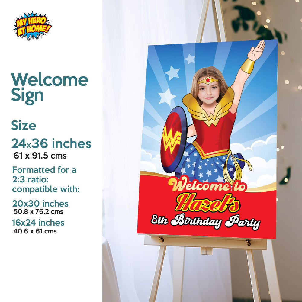 Bundle Wonder Girl Party decoration with girl as Wonder Woman, Banner Backdrop, Cake Topper, Welcome Sign. 2303B4