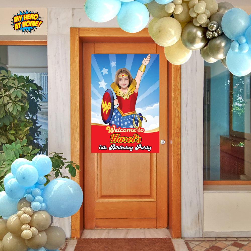 Bundle Wonder Girl Party decoration with girl as Wonder Woman, Banner Backdrop, Cake Topper, Welcome Sign. 2303B4