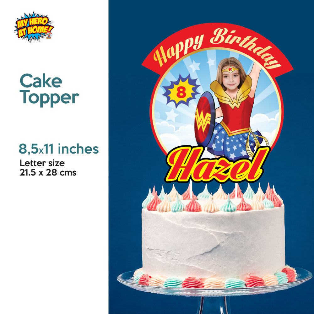 Bundle Wonder Girl Party decoration with girl as Wonder Woman, Banner Backdrop, Cake Topper, Welcome Sign. 2303B4