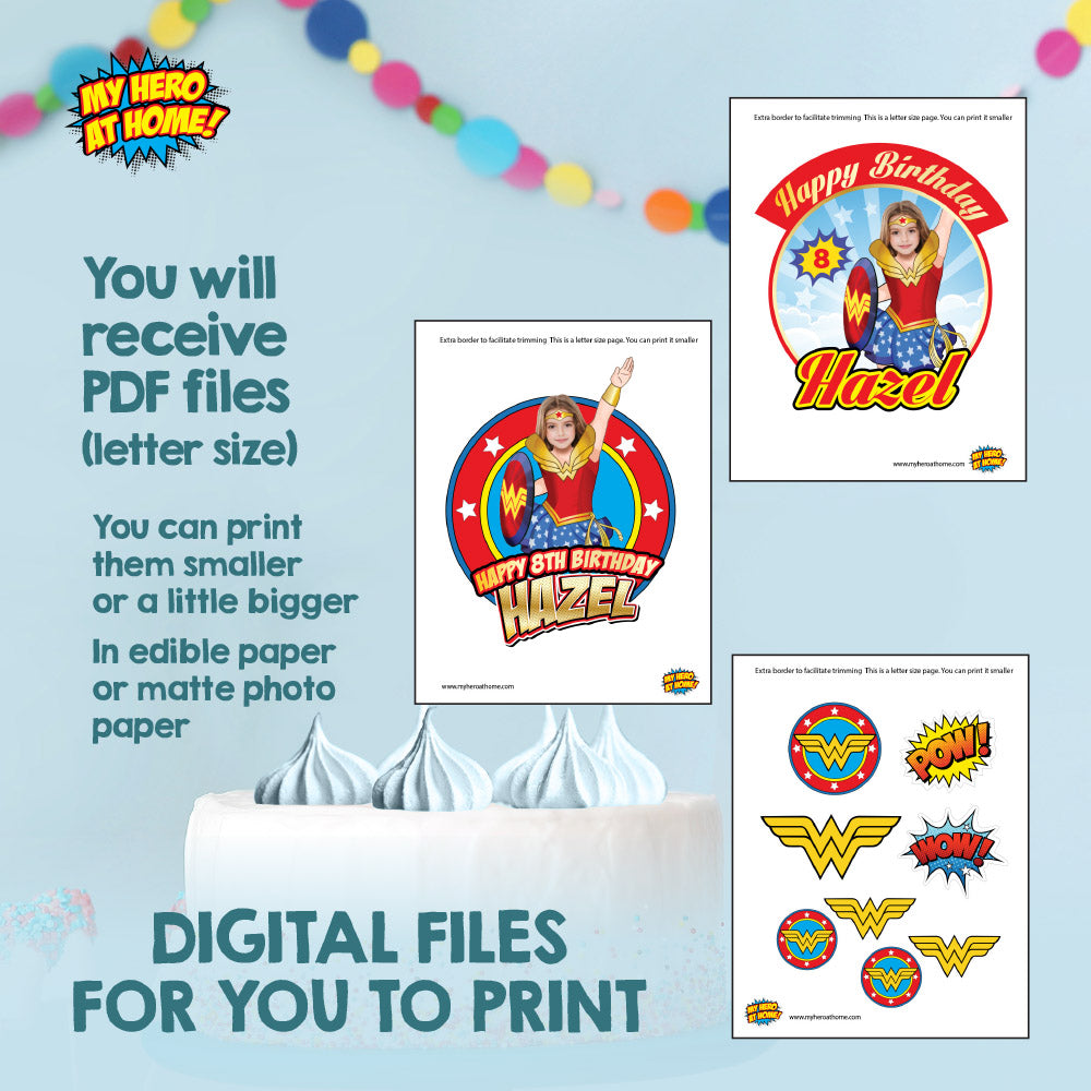 Bundle Wonder Girl Party decoration with girl as Wonder Woman, Banner Backdrop, Cake Topper, Welcome Sign. 2303B4