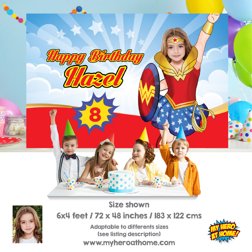 Wonder Girl Banner with photo, Custom Wonder Woman Birthday Backdrop, Wonder Girl Backdrop party decor. 2303BB