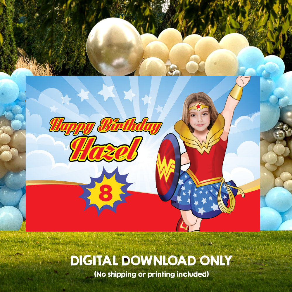 Wonder Girl Banner with photo, Custom Wonder Woman Birthday Backdrop, Wonder Girl Backdrop party decor. 2303BB