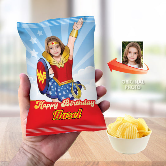 Wonder Girl chip bags party favors, Wonder Woman Chip Bag Wrapper, Custom Wonder Woman snack Bag label. 2303CB