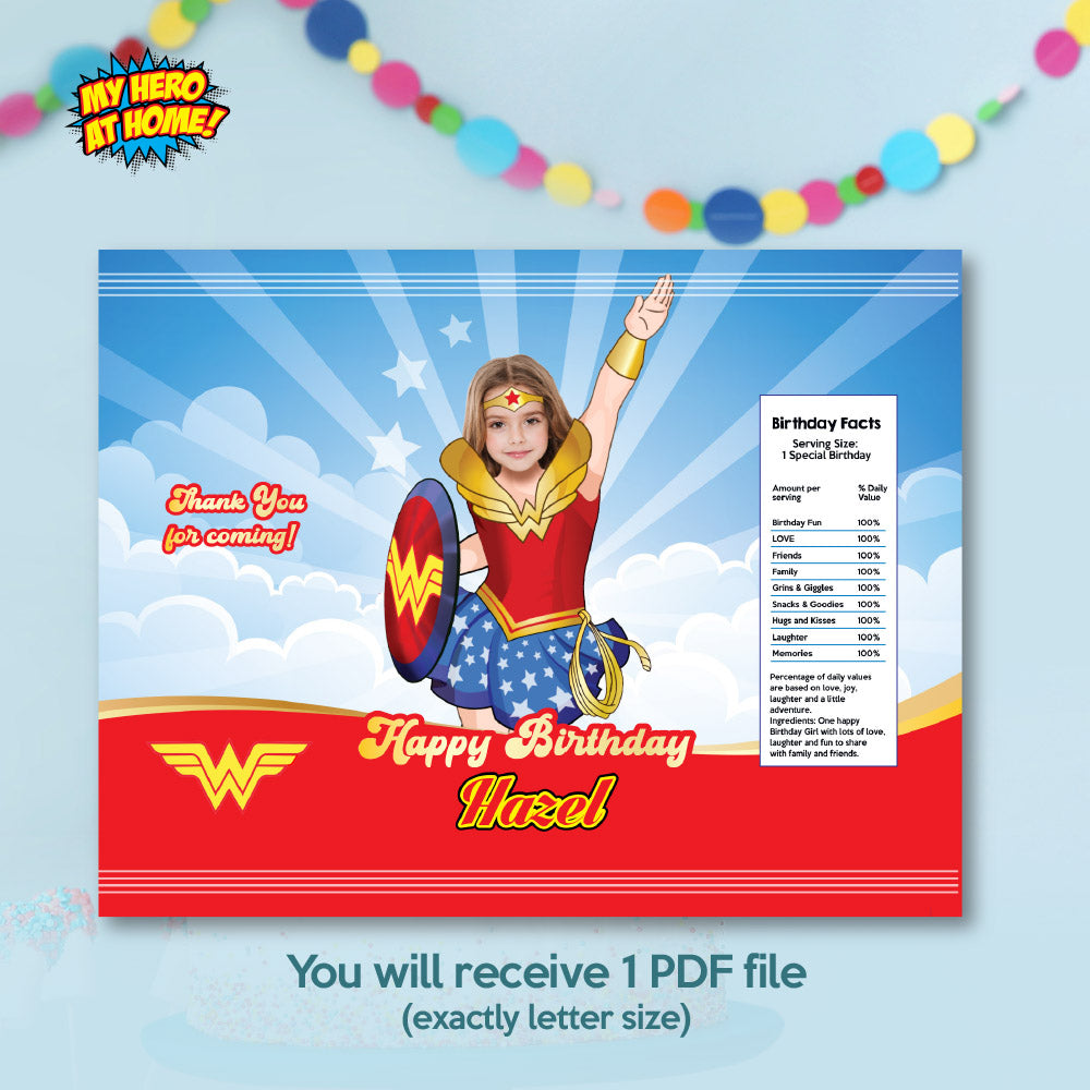 Bundle Wonder Girl Party table, Custom Cake Topper, matching snacks labels, Chip bags and Candy Gable box. 2303B1