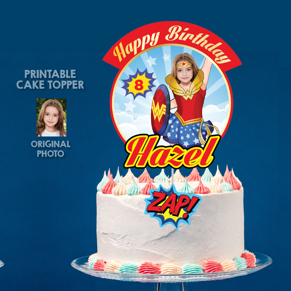 Wonder Girl Cake topper with photo, Wonder Girl printable cake topper, Custom Wonder Woman cake decoration. 2303CT