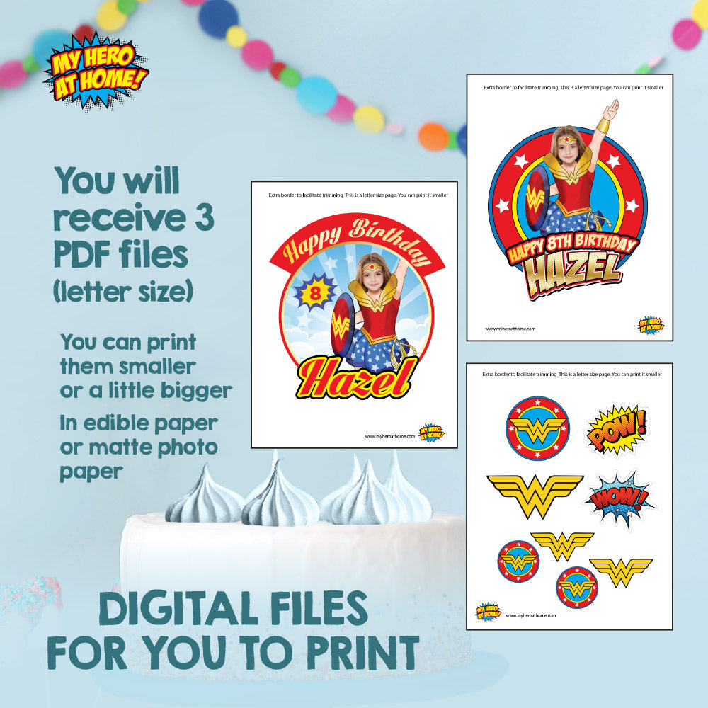 Bundle Wonder Girl Party table, Custom Cake Topper, matching snacks labels, Chip bags and Candy Gable box. 2303B1