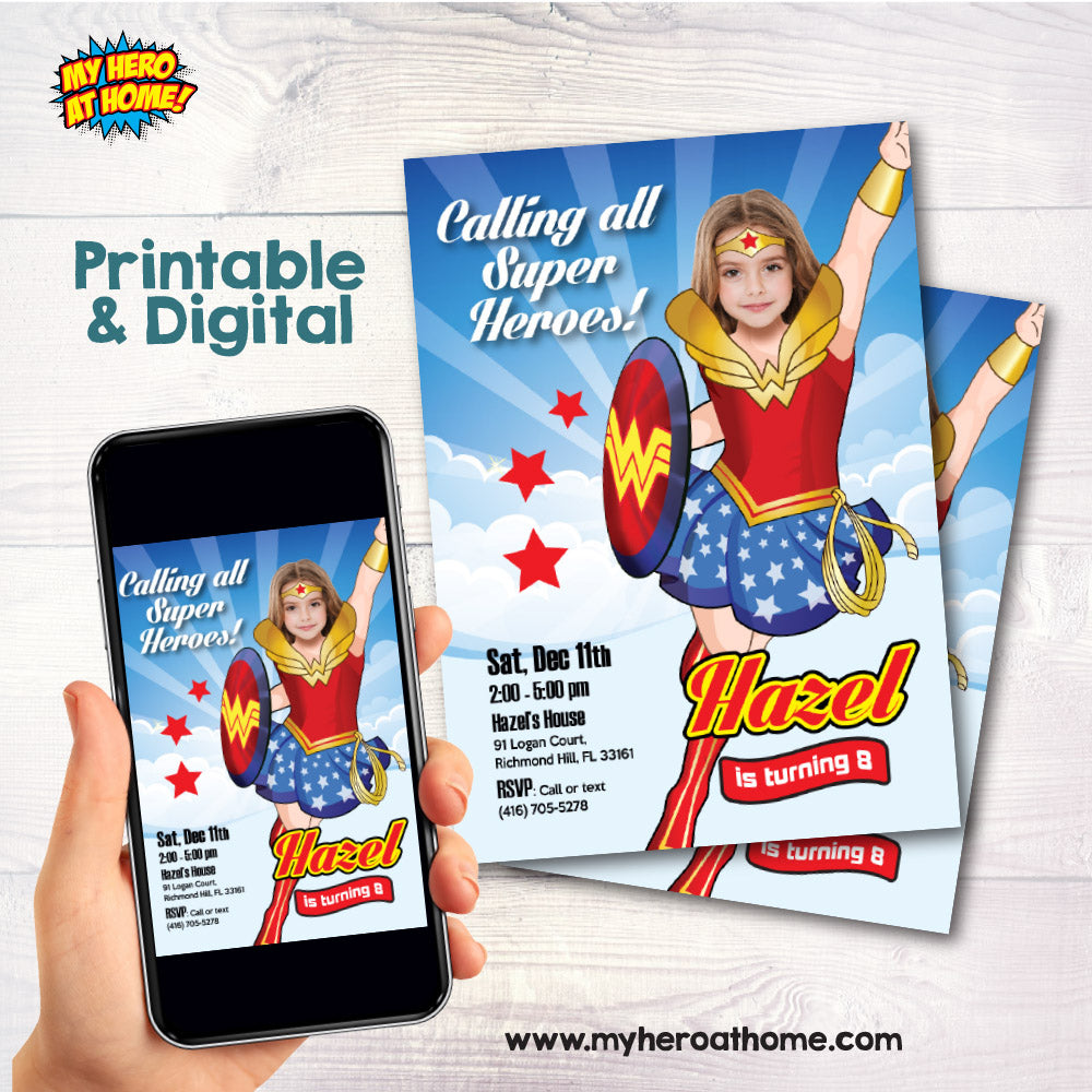 Wonder Girl party invitation with girl as Wonder Woman, Custom Wonder Woman photo invite, Wonder Girl template. 2303IN