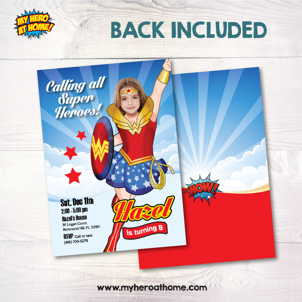 Wonder Girl party invitation with girl as Wonder Woman, Custom Wonder Woman photo invite, Wonder Girl template. 2303IN