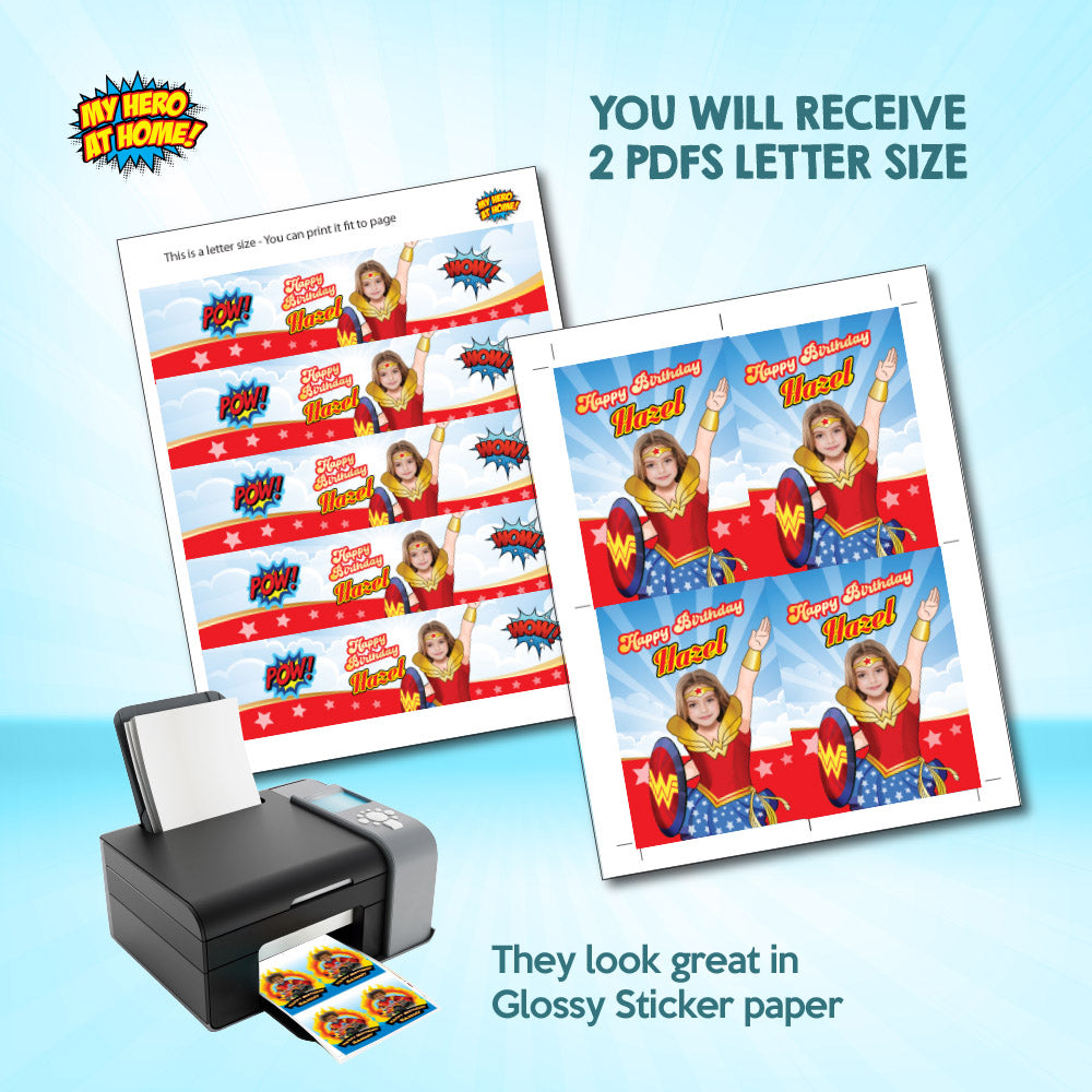 Bundle Wonder Girl Party table, Custom Cake Topper, matching snacks labels, Chip bags and Candy Gable box. 2303B1