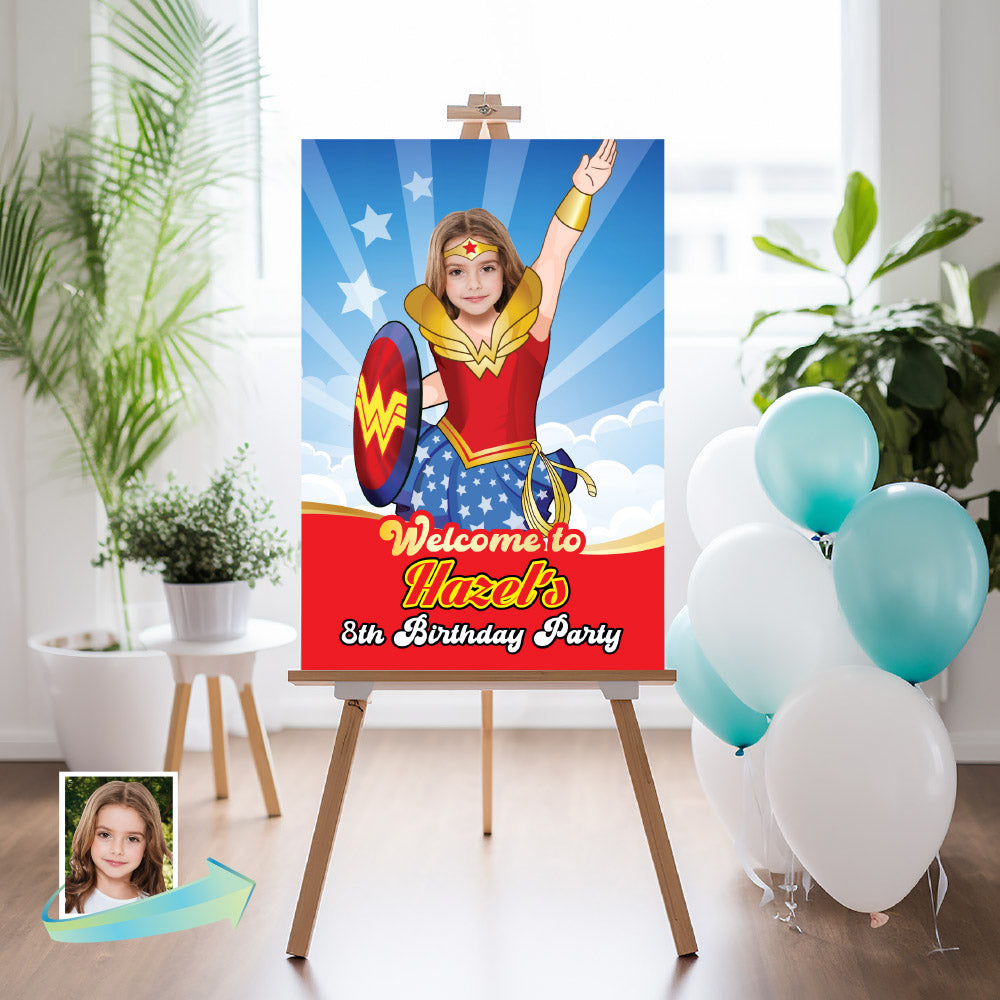 Wonder Girl Welcome sign with photo, Wonder Girl welcome party, Wonder Woman Party Entrance with girl as Wonder Girl. 2303WS