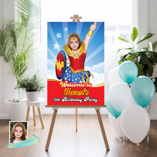 Wonder Girl Welcome sign with photo, Wonder Girl welcome party, Wonder Woman Party Entrance with girl as Wonder Girl. 2303WS