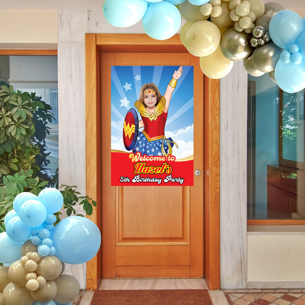 Wonder Girl Welcome sign with photo, Wonder Girl welcome party, Wonder Woman Party Entrance with girl as Wonder Girl. 2303WS