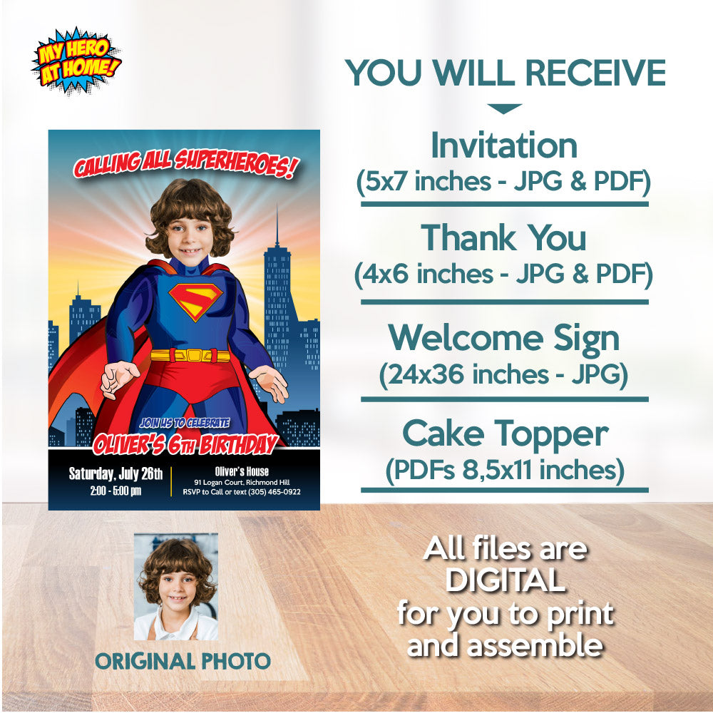 Bundle Superman Birthday themed matching items, Invitation and Thank you, Cake Topper and Welcome Sign. 2308B2