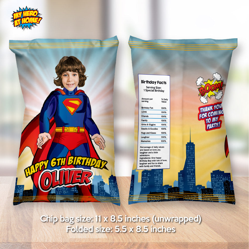 Superman chip bags party favors with photo, Superboy snacks bags. 2308CB