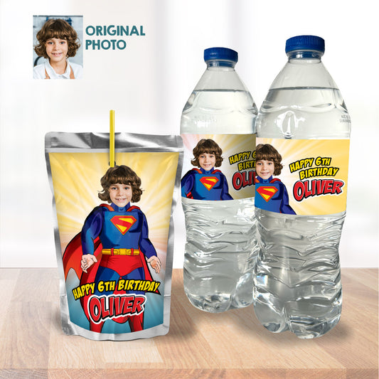 Superman water labels, Personalized Superman Capri sun labels. 2308WJ