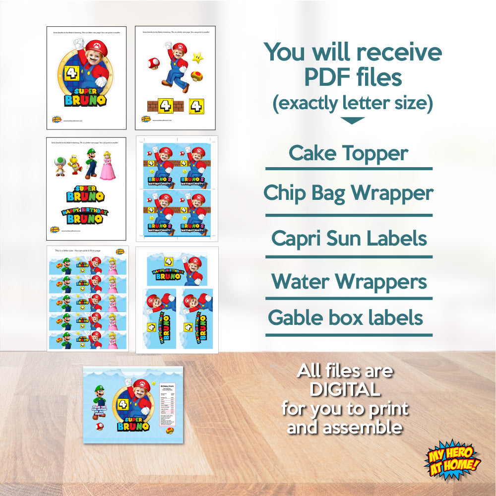 Bundle Super Mario Party table, Mario Photo Cake Topper, snacks labels, Chip bags, Gable box, drink labels. 2331B1