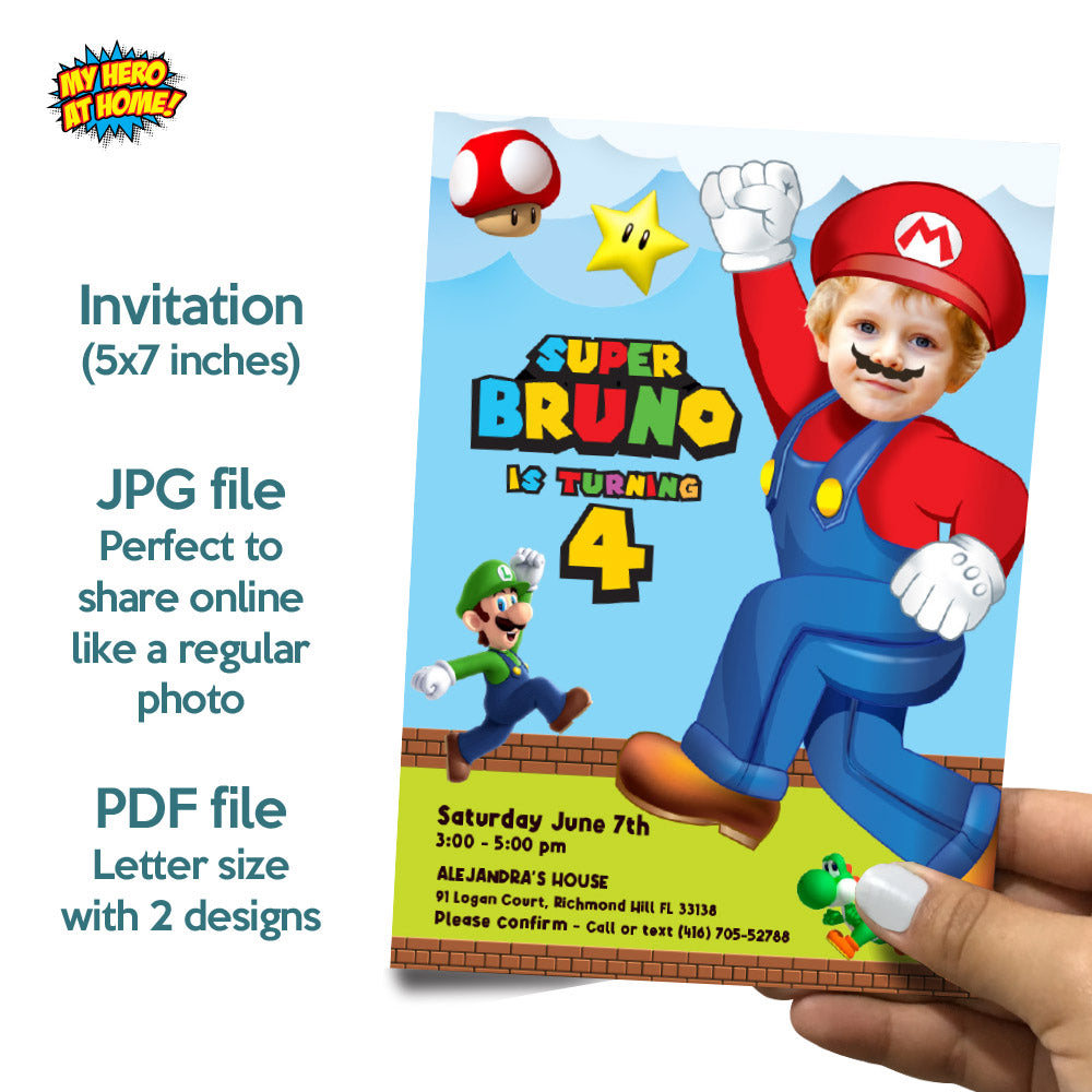 Bundle Super Mario Birthday matching items, Mario Invitation and Thank you with photo, Cake Topper and Welcome Sign. 2331B2