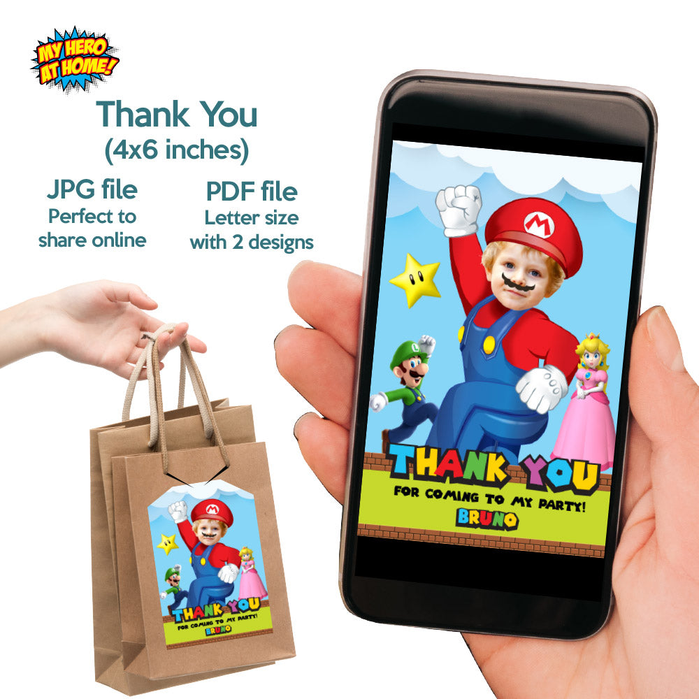 Bundle Super Mario Birthday matching items, Mario Invitation and Thank you with photo, Cake Topper and Welcome Sign. 2331B2