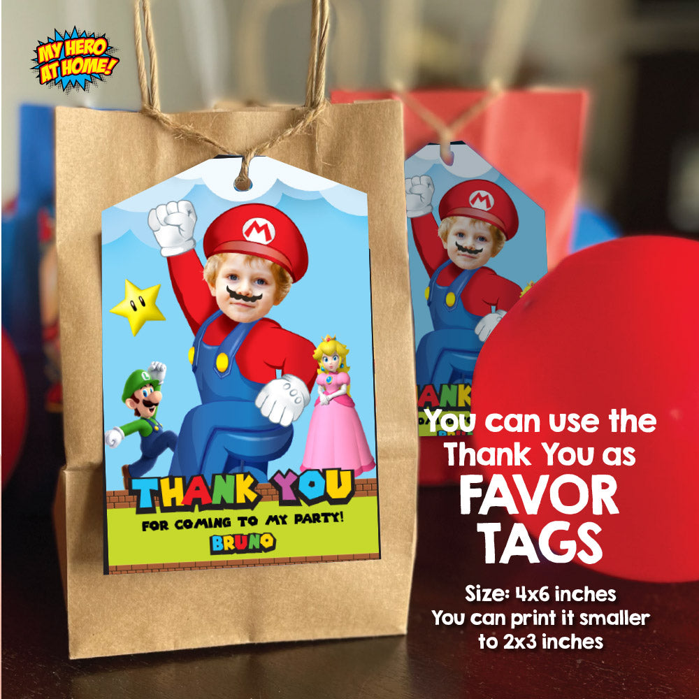 Bundle Super Mario Birthday matching items, Mario Invitation and Thank you with photo, Cake Topper and Welcome Sign. 2331B2