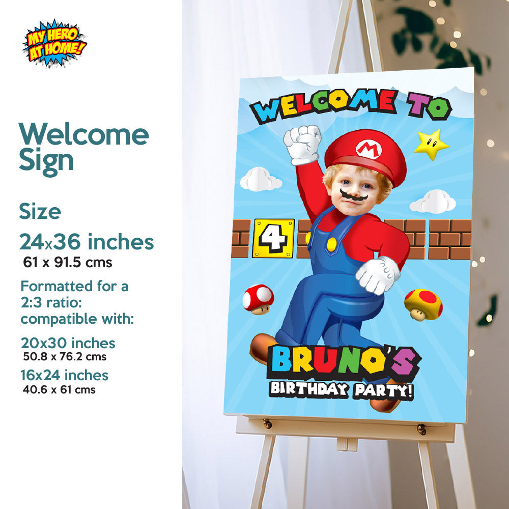 Bundle Super Mario Birthday matching items, Mario Invitation and Thank you with photo, Cake Topper and Welcome Sign. 2331B2