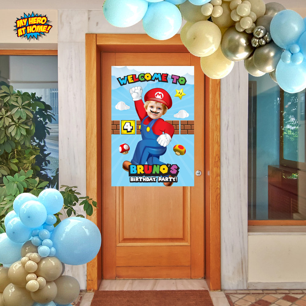 Bundle Super Mario Birthday matching items, Mario Invitation and Thank you with photo, Cake Topper and Welcome Sign. 2331B2