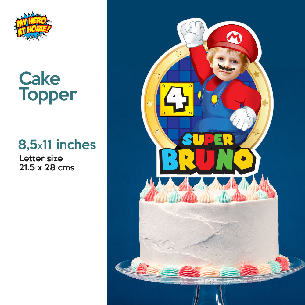 Bundle Super Mario Birthday matching items, Mario Invitation and Thank you with photo, Cake Topper and Welcome Sign. 2331B2
