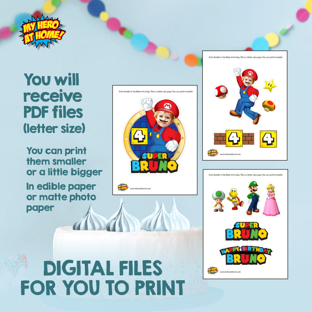 Bundle Super Mario Birthday matching items, Mario Invitation and Thank you with photo, Cake Topper and Welcome Sign. 2331B2