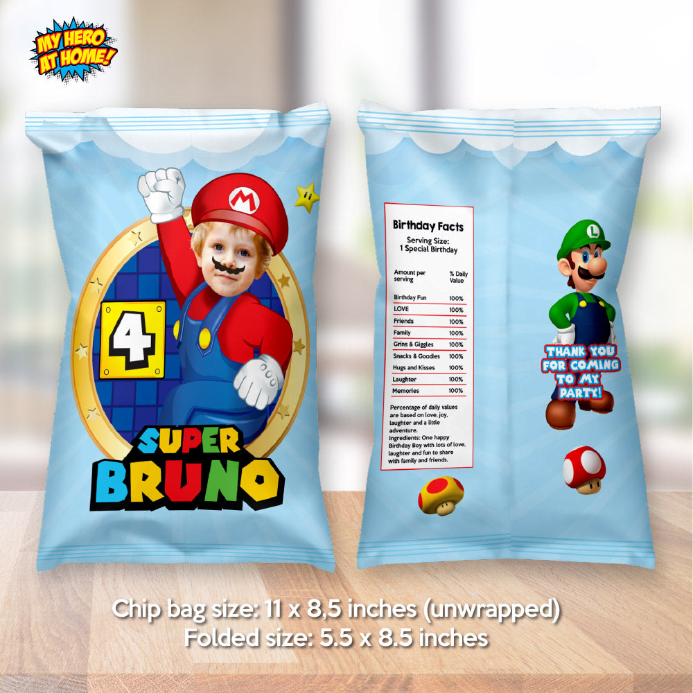 Mario Bros chip bags party favors, Custom Super Mario Chip Bag labels, Super Mario party snacks labels. 2331CB