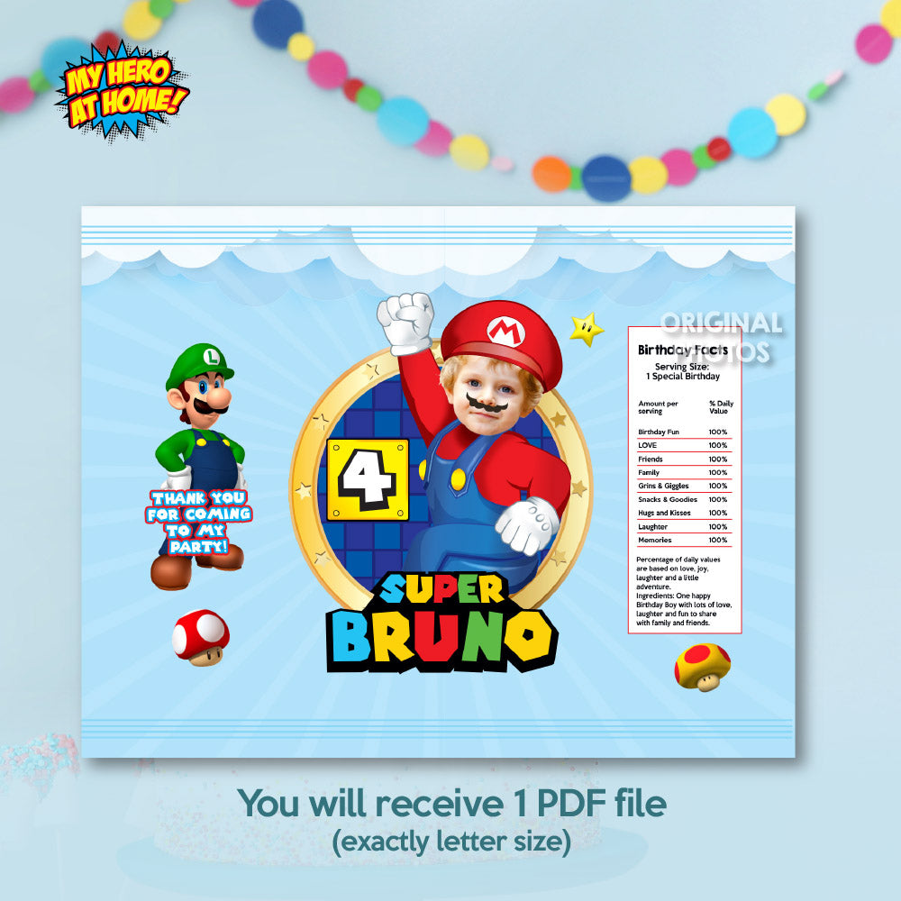 Bundle Super Mario snacks labels, Mario Bros water wrappers and Capri Sun labels, Chip bags, Gable box party favor boxes. 2331B3